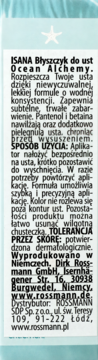 Etykieta błyszczyka ISANA Ocean Alchemy z opisem produktu, składem z pantenolem i betainą oraz instrukcją użycia.