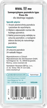Tył opakowania samoprzylepnych paznokci RIVAL me Press On, z instrukcją użycia, zawartością i danymi producenta, kodem kreskowym.