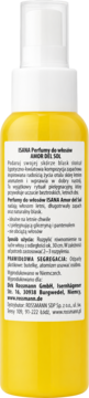 Tył żółtej butelki ISANA Perfumy do włosów Amor del Sol, z białą etykietą i czarnym tekstem.