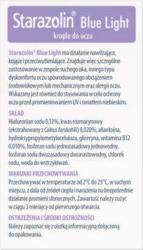 Przednia etykieta kropli do oczu Starazolin Blue Light. Biała, z fioletowym nagłówkiem, nawilża i chroni przed światłem.