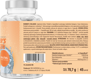 Tył butelki RUNNER’S COLLAGEN, suplementu diety z kolagenem i kwasem hialuronowym. Biała etykieta, widoczny skład i masa.