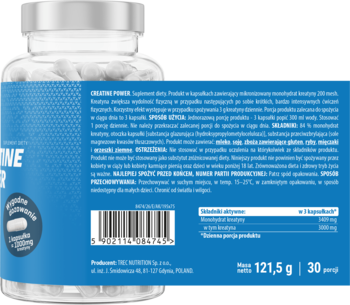 CREATINE POWER, tył niebieskiej etykiety suplementu diety z monohydratem kreatyny, czytelny opis i dawkowanie.