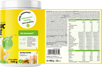 ISOTONIC ACTIVE, cytrynowy suplement w białej tubie. Tył opakowania z widoczną etykietą ze składem i tabelą wartości odżywczych.