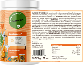 COLLAGEN SPORT MARINE 10000mg, biały pojemnik z etykietą o smaku mango-pomarańcza, widok z tyłu z kodem kreskowym.