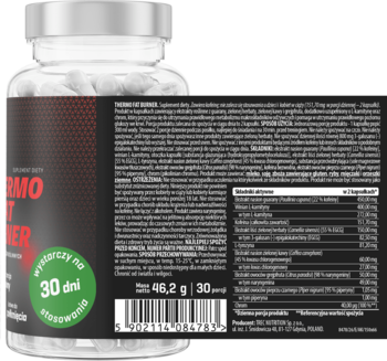 THERMO FAT BURNER w białej butelce. Zbliżenie na tylną etykietę ze składem i danymi odżywczymi produktu.