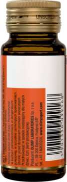 Tył ciemnobrązowej szklanej butelki Olimp L-Carnitine 3000 Extreme Shot, z etykietą, kodem i danymi producenta.