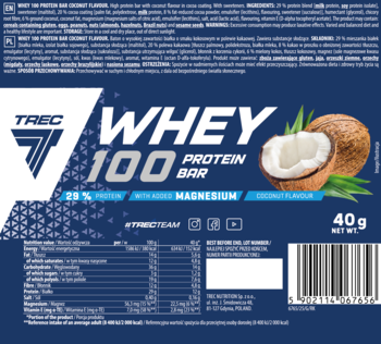 Baton proteinowy Trec Whey 100 kokosowy 40g, ciemnoniebieskie opakowanie z grafiką kokosa, bez cukru.