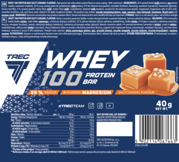 Baton białkowy TREC WHEY 100 Salted Caramel 40g, niebieskie opakowanie z grafiką karmelu, widok z przodu.