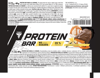 Opakowanie Trec Protein Bar 49g Vanilla & Caramel z napisem 26% protein, widok z przodu pod kątem.
