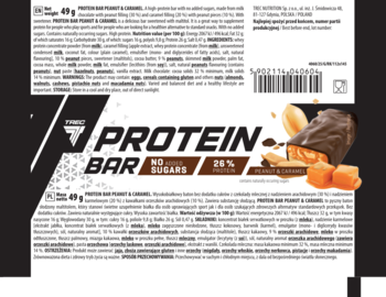Baton proteinowy 49g, czekoladowo-karmelowy z orzechami arachidowymi. Widok opakowania przód i tył, bez dodatku cukrów.