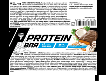 TREC baton proteinowy Coconut & Caramel 48g, przód opakowania. Ciemne tło, 26% białka, bez cukru, grafika kokosa.