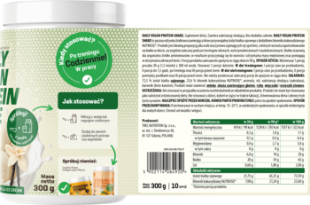 Biało-zielona odżywka Vegan Protein 300g z izolatem sojowym, widok tuby z etykietą składników.