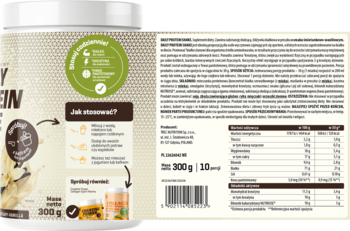 Biała tuba proteinowego suplementu DAILY PROTEIN SHAKE o smaku waniliowym, zbliżenie na szczegółową etykietę z tyłu.