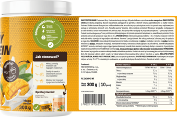 MILKY SHAKE WHEY odżywka wysokobiałkowa mango z maślanką, tył opakowania 300g, etykieta z tabelą wartości.