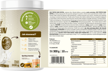 Tył etykiety Milky Shake Whey, 300g odżywki wysokobiałkowej WPC, z informacjami o składzie i użyciu.