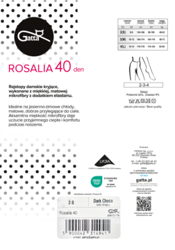 Białe opakowanie rajstop Gatta Rosalia 40 den, ciemny brąz, matowa mikrofibra, z logo i opisem, widok z przodu.