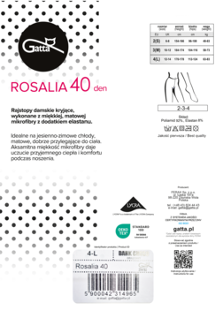 Białe opakowanie rajstop Gatta Rosalia 40 den z mikrofibry, widok z przodu. Czarno-różowe logo, tekst i kropki.