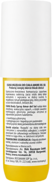 Tył żółtej mgiełki do ciała SIMA Amore del Sol z białym tekstem instrukcji i opisem produktu.