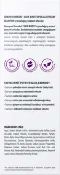 Tył szamponu Biotebal HAIR BOOST stymulującego wzrost włosów. Białe opakowanie, szczegóły, skład INCI.