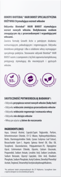 Tył białego opakowania odżywki Biotebal Hair Boost, z opisem stymulującym wzrost włosów i składem INCI.