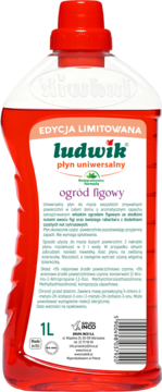 Czerwona butelka płynu uniwersalnego Ludwik Ogród Figowy 1L, limitowana edycja, widok z przodu.