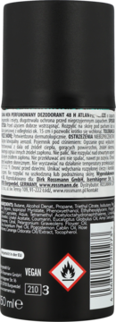 Tył czarnego dezodorantu perfumowanego 48H Atlantic, Vegan 50ml, ze składem, ostrzeżeniami i piktogramem.
