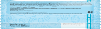 Tył opakowania batona Sante z listą składników, napisem 35 g i adresem producenta, jasnoniebieskie.