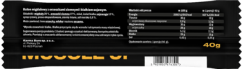 Tył czarnego opakowania batona proteinowego Muscle Up z tabelą wartości odżywczych i składnikami. 40g.