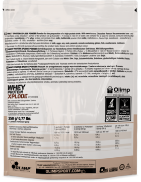 Tył beżowej torebki Olimp Whey Protein Xplode Powder z białym panelem informacyjnym i tabelą odżywczą.