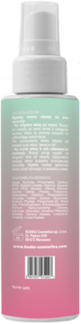 Tył różowo-zielonej butelki mgiełki Bosko zwiększającej objętość, z widoczną listą składników i kodem EAN.