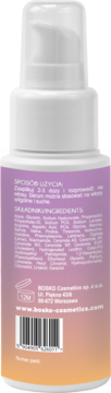 Tył butelki Serum Bosko Wzmacniającego do włosów. Etykieta gradientowa (fioletowo-pomarańczowa), widoczne składniki i sposób użycia.