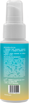 Tył białej butelki serum silikonowego Bosko z niebiesko-żółtą etykietą, widoczne składniki i kod kreskowy.