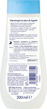 Tył białej butelki HiPP Hipoalergiczny płyn do kąpieli 200ml, z polskim opisem dla suchej skóry.