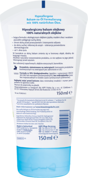 Tył opakowania HiPP Hipoalergicznego balsamu olejkowego w białej tubce z niebieską podstawą, widoczne składniki i opis 150ml.