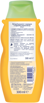 Tylna strona żółtej butelki HiPP żelu i szamponu 2w1 o zapachu pomarańczy 300ml, z białą etykietą.