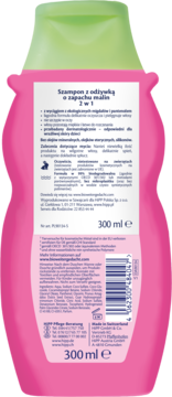 Tył różowej butelki szamponu HiPP SAFARI 2w1 z odżywką, malinowy zapach, 300 ml, widoczne informacje o produkcie.