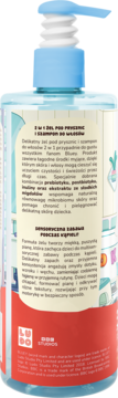 Tył niebieskiej butelki z pompką żelu pod prysznic i szamponu 2w1, polski tekst o Inulinie i Prebiotyku.