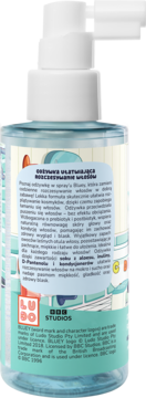 Tył odżywki Bluey ułatwiającej rozczesywanie, spray, niebieska butelka, biały aplikator, opis PL: aloes, inulina.