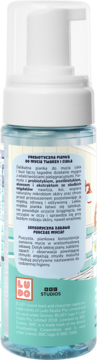 Tył prebiotycznej pianki LU DO STUDIOS do mycia twarzy i ciała, 150ml. Jasnoniebieska etykieta z opisem i logo.