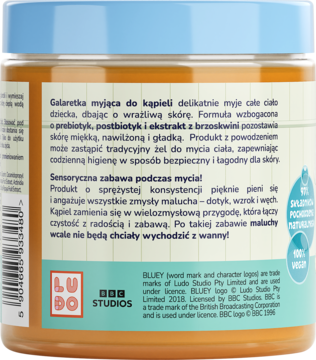 Tył opakowania galaretki myjącej Bluey z prebiotykiem i brzoskwinią, zapach mango. Żółty słoik z niebieską pokrywką.