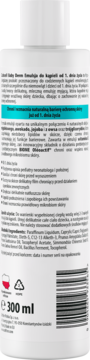 Tył białej emulsji do kąpieli od 1. dnia życia, z listą składników, kodem kreskowym, objętość 300 ml.