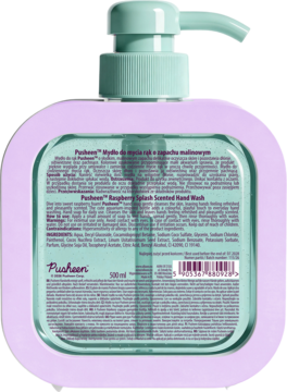 Tył butelki mydła do rąk Pusheen Raspberry Splash 500ml, w fioletowej obudowie, z turkusową pompką. Etykieta ze składnikami.