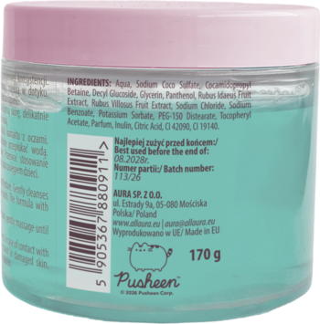 Tył słoiczka Pusheen Body Wash Jelly 170g z niebiesko-zieloną galaretką, różową nakrętką i etykietą ze składem.