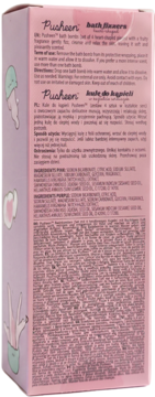 Tył różowego opakowania Pusheen bath fizzers z instrukcjami w języku angielskim i polskim oraz listą składników.