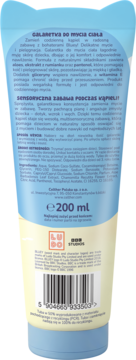 Tył tubki truskawkowej galaretki do mycia ciała Bluey 200ml, niebiesko-żółtej z uszkami, tekstami i kodem kreskowym.