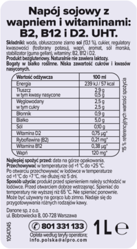 Opakowanie Alpro napoju sojowego 1L z wapniem i witaminami, z widoczną tabelą wartości odżywczych i składników.