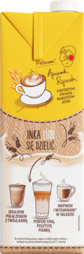 Inka Barista napój, żółty karton, przód. Rekomendacja mistrzyni baristów, ilustracje kawy i piance.