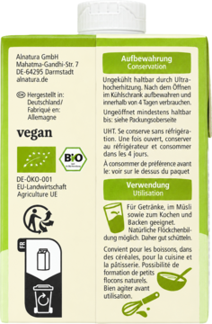Tył zielono-białego opakowania kartonowego Alnatura z informacjami o przechowywaniu i użyciu, symbolami BIO i vegan.
