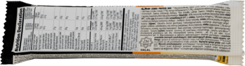 Tył opakowania batona białkowego Mr Zerro Protein Bar. Widoczne, choć niewyraźne, informacje o wartościach odżywczych i składzie.