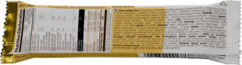 Tył opakowania proteinowego batona Olimp Collagen Bar 44g, złoto-biały, niewyraźne wartości odżywcze.